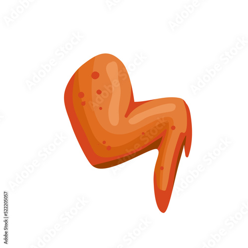 Fried spicy chicken wing, fast food menu of cafe or restaurant vector illustration. Cartoon isolated baked meat snack marinated in sauce, tasty fastfood and unhealthy appetizer with delicious crust