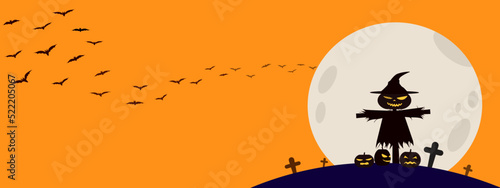 Happy Halloween banner vector illustration, spooky shadow scarecrow and halloween pumpkin at graveyard with full moon on orange background, many black bats flying on sky, Autumn holiday celebration.