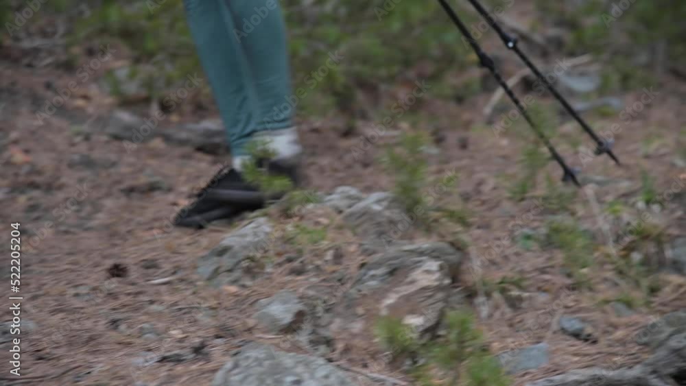 Close-up of male legs in sneakers walking with trekking sticks, in the middle of a mountain road in the forest. The concept of walking and reaching goals Close-up of male legs in sneakers walking with trekking sticks, in the middle of a mountain road in the forest. The concept of walking and reaching goals