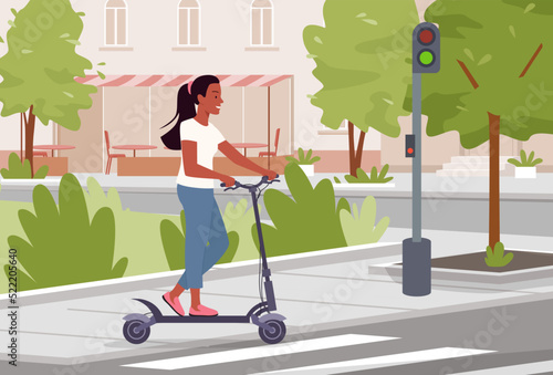 Girl with electric scooter vector illustration. Cartoon young woman rider character standing at crosswalk with modern personal eco transport, mobility transportation in city street and road background