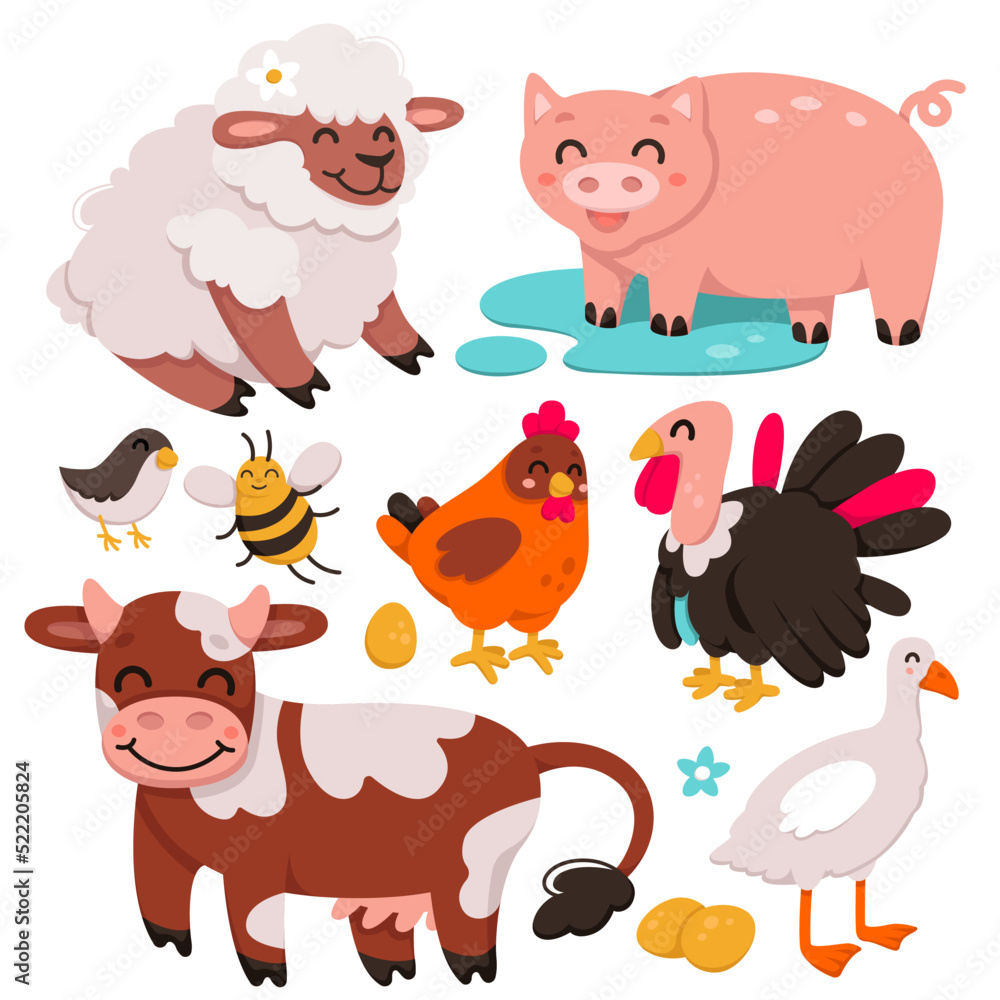 Fototapeta premium Cute farm animals and birds set vector illustration. Cartoon isolated domestic characters in childish livestock collection for little baby, happy village chicken pig sheep goose turkey cow and bee