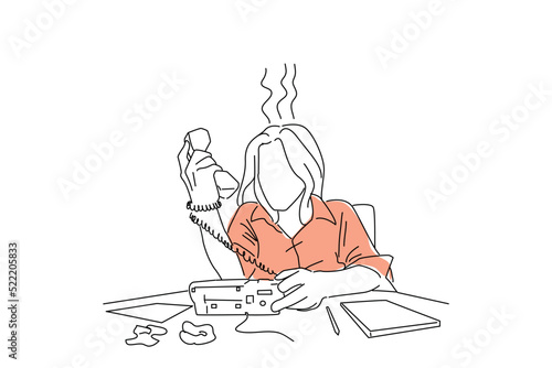 Cartoon of angry woman yelling at a office phone, unhappy with customer service. Single continuous line art style
