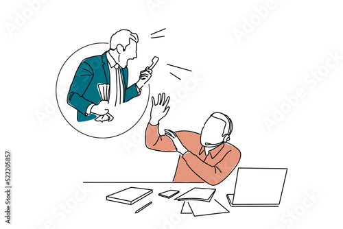 Drawing of angry man customer shouting at worker. Single line art style