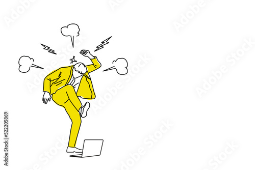 Illustration of angry male employee or worker crash laptop feel exhausted overwhelmed with job. One line style art