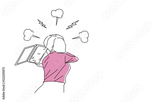 Drawing of furious young woman about to throw and break her laptop at workplace. Stress concept. Single continuous line art