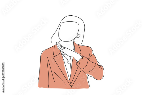 Cartoon of young woman cutting throat sign. Angry concept. Continuous line art style
