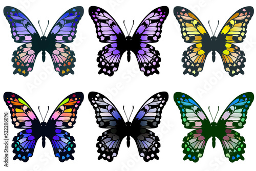 紫や黄色ベースの6羽のカラフルな蝶 © Nm