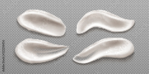 White cosmetic cream swatches, smears of skincare product isolated on transparent background. Vector realistic 3d illustration of sunscreen, skin mask or mousse smudges