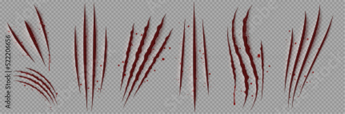 Blood scratches of wild animal claws, red scary talons marks isolated on transparent background. Vector realistic illustration of torn slashes from cat, tiger or bear paw, monster attack