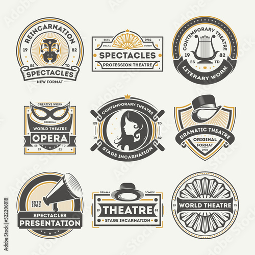 Dramatic theatre isolated label set vector illustration. Spectacle reincarnation and dramatic presentation symbol, literary work icon, professional opera stage logo. World theatre badge collection.