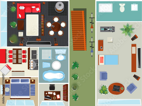 Top view apartment interior set isolated vector illustration. Living room, bedroom, kitchen and bathroom furniture design elements. Bed, desk, sofa, chair, bath, toilet, sink, stove house collection