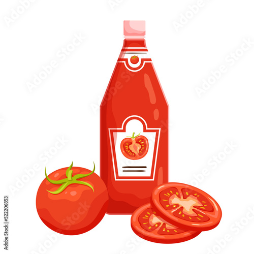 Tomato ketchup bottle vector illustration. Cartoon isolated glass or plastic container with paper label and cap, ripe juicy red tomatoes cut into slices and whole, condiment and dressing for BBQ