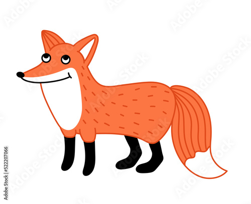 Cute little fox hand drawn cartoon character isolated on white background vector illustration. Funny comic animal mascot, happy and smiling red fox, wildlife and zoo animal. Friendly fox standing.