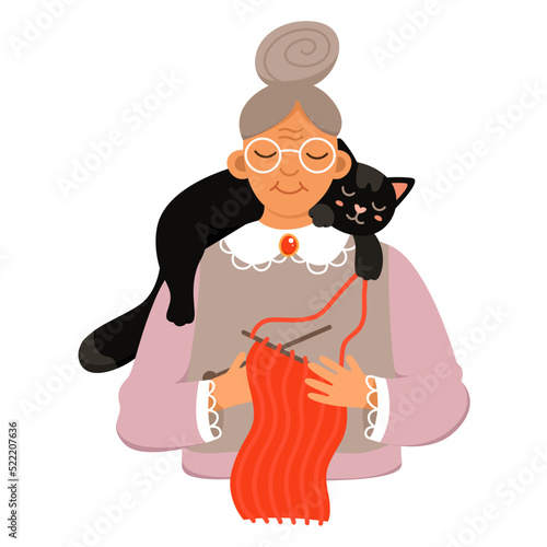 Old woman holding cat vector illustration. Cartoon isolated grandmother character in glasses knitting scarf with black little cute kitten sitting on shoulders, portrait of grandma with domestic animal