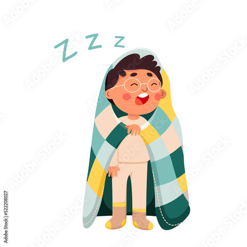 Sleepy boy with yawn vector illustration. Cartoon isolated funny tired child with closed eyes, sleepwear clothes and soft blanket standing and sleeping, cute kid sleepwalking at night and yawning