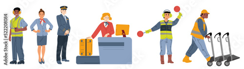 Airport personnel flat characters set. Vector illustration of dispatcher, stewardess, pilot and ground staff in uniforms. Male and female airline employees standing isolated on white background