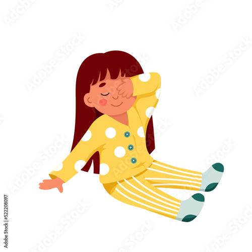 Sleepy cute child awakening in morning after healthy nights sleep vector illustration. Cartoon isolated pretty young girl in pajamas stretching, lazy little preschool character sitting and smiling