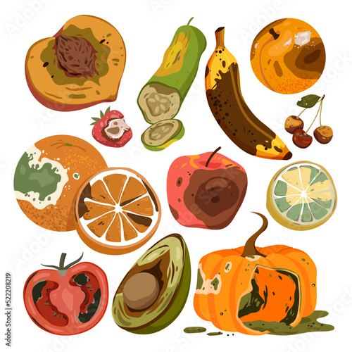Rotten food product set vector illustration. Cartoon isolated spoiled and damaged fruit and vegetables with rot, danger mold and poisons, moldy expired pieces, slices and whole fruit collection