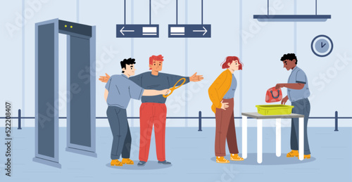 Airport safety concept, people go through metal scanner with security officers check passenger body and luggage at checkpoint control. Characters pass metal detector, Line art flat vector illustration