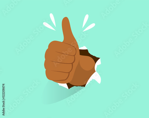 Vector illustration of male hand making thumb up gesture through paper hole