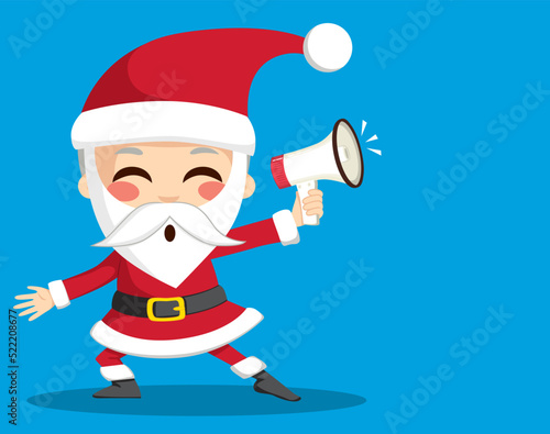 Cute happy Santa Claus character holding megaphone. Christmas sale concept