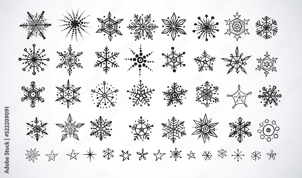 Collection of hand drawn sketch doodle snowflakes on white background. Vector doodle sketch illustration.
