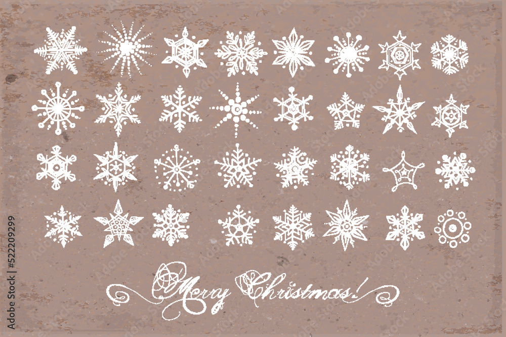 Collection of hand drawn white doodle snowflakes on brown parcel paper background. Vector doodle sketch illustration.