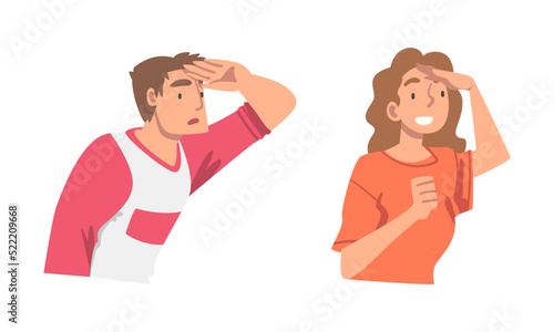 Looking Into Future Man and Woman Character with Hand on Forehead Vector Set