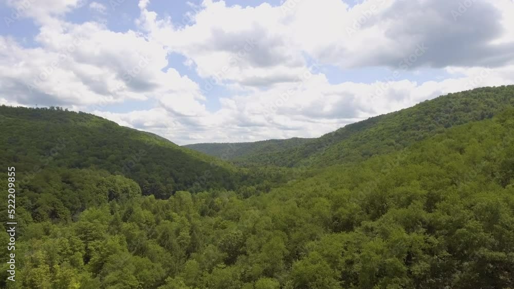Drone shot of Lyman Run State Park in Pennsylvania, rising and tilting downward Drone shot of Lyman Run State Park in Pennsylvania, rising and tilting downward