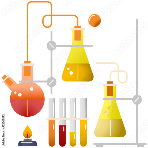 Lab Chemistry Kit includes Bigger, Stand, Red and Yellow Chemical, volume metric flash, test tube, burner, flame burner, bubble chemical in laboratory , vector chemical , laboratory chemical vector