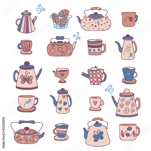 Hand drawn teapot, cups and mugs cozy collection. Perfect for stationery, dishcloth, towel, poster and print. Flat vector illustration isolated on white background.