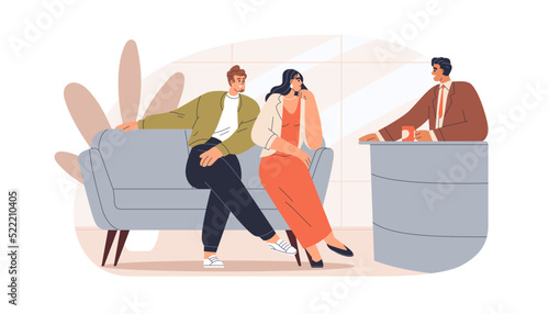 Host interviewing celebrities couple at late night show in TV studio. Conversation, talk, dialogue with star guests sitting on sofa. Flat graphic vector illustration isolated on white background