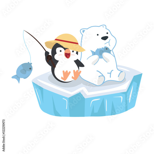 Cartoon polar bear with penguin sit on ice floe