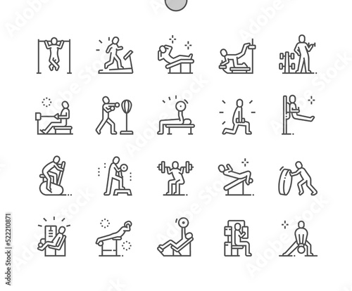 Gym workout people. Human making sport exercises. Fitness. Healthy lifestyle. Training apparatus. Pixel Perfect Vector Thin Line Icons. Simple Minimal Pictogram