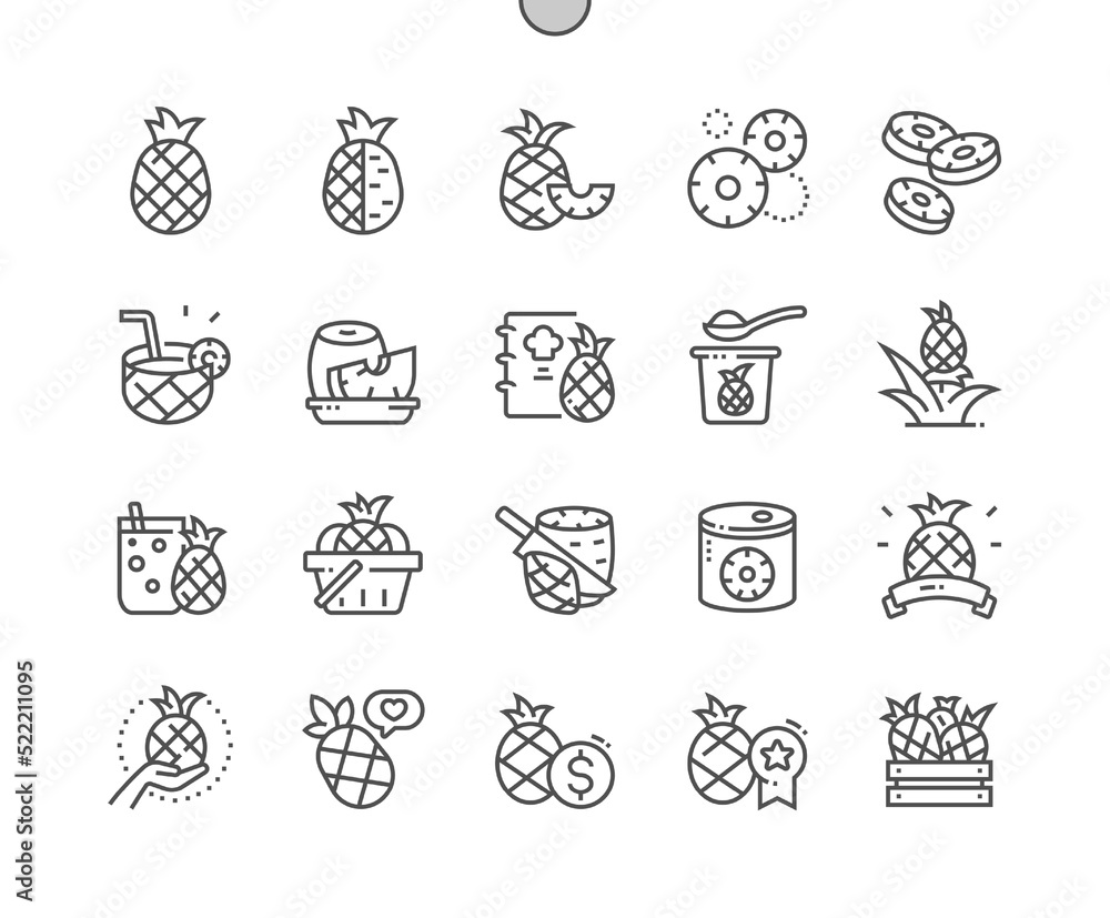 Pineapple fruit. Nature organic food nutrition. Buy pineapple. Menu for cafe. Pixel Perfect Vector Thin Line Icons. Simple Minimal Pictogram