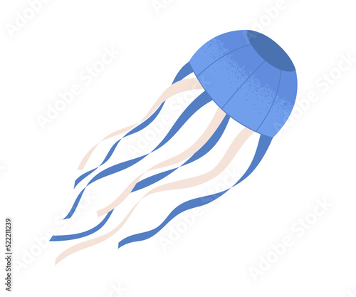Wind air kite flying. Kids floating paper toy of jellyfish shape. Childish entertainment object design with chord tentacles of jelly fish. Flat vector illustration isolated on white background