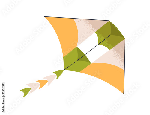 Wind air kite flying. Paper tethered toy with tail floating. Kids striped object with wings, chords for playing. Flat vector illustration isolated on white background