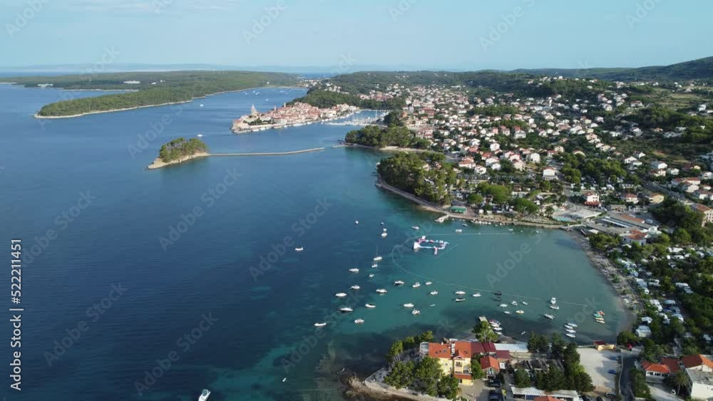 city of Rab, Croatia filmed by a drone, 150 meters above the sea, summer, early morning city of Rab, Croatia filmed by a drone, 150 meters above the sea, summer, early morning