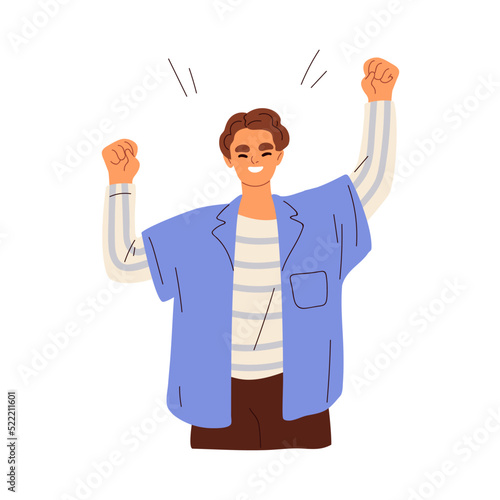 Happy excited man winner rejoicing. Exulting person celebrates victory, success. Smiling glad guy with positive emotions, gesturing with fist up. Flat vector illustration isolated on white background