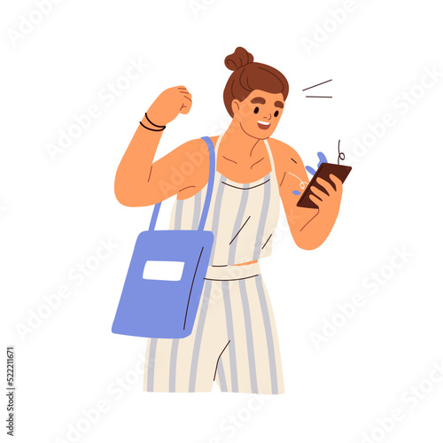 Woman celebrate victory in game, holding mobile phone in hands. Happy person ...