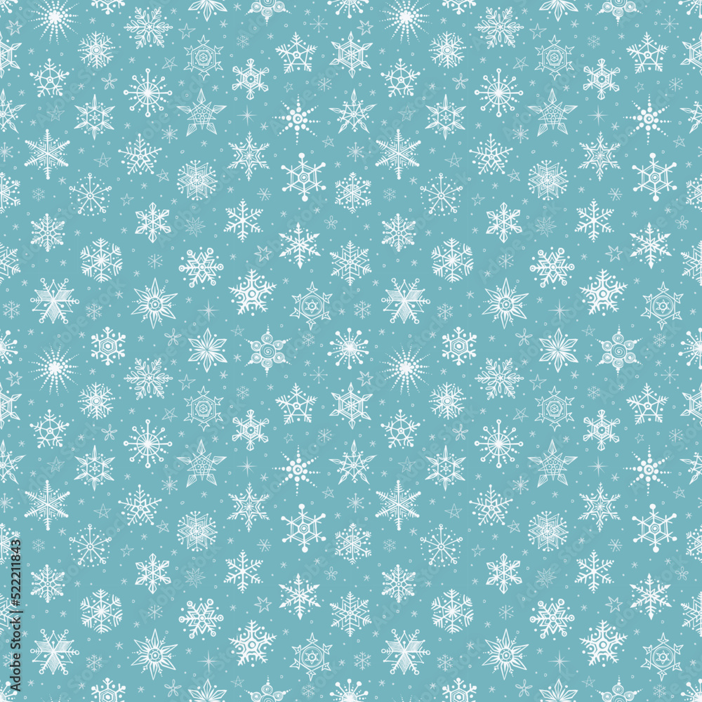 Seamless pattern with snow. Falling snowflakes on mint background. Vector illustration with doodle snowflakes. Can be used for wallpaper, pattern fills, textile, web page background, surface textures.