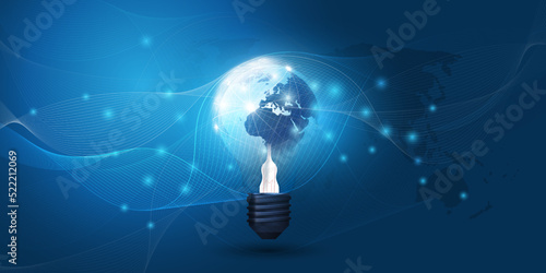 Cloud Computing, Electric and Global Network Connections Concept Design with Earth Globe Inside a Glowing Light Bulb, Transparent Geometric Mesh and World Map - Illustration in Editable Vector Format