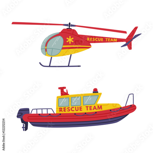 Red and Yellow Motor Boat and Helicopter as Rescue Equipment and Emergency Vehicle for Urgent Saving of Life Vector Set