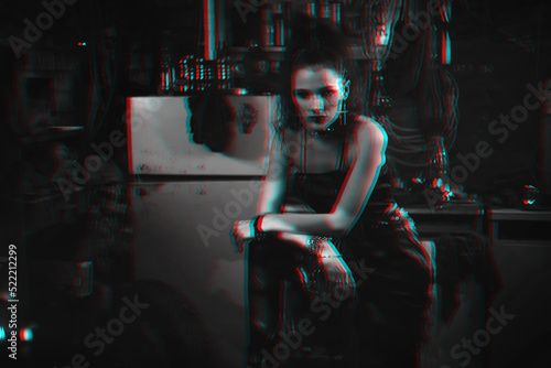 futuristic girl in cyberpunk style of future cosplays a character of online computer game. Black and white 3d virtual reality concept with glitch effect photo