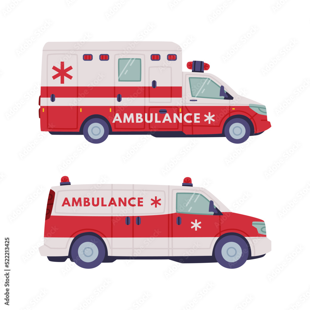 Van or Truck with Siren as Ambulance Emergency Rescue Service Vehicle and Medical Care Transport Vector Set Van or Truck with Siren as Ambulance Emergency Rescue Service Vehicle and Medical Care Transport Vector Set