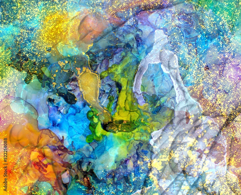 Naklejka premium Golden dust on pattern on Alcohol ink fluid abstract texture fluid art with gold glitter and liquid.