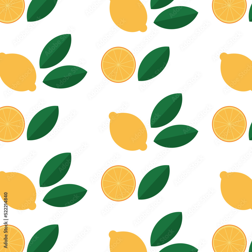 Seamless pattern. Leaves and lemons on the white background.