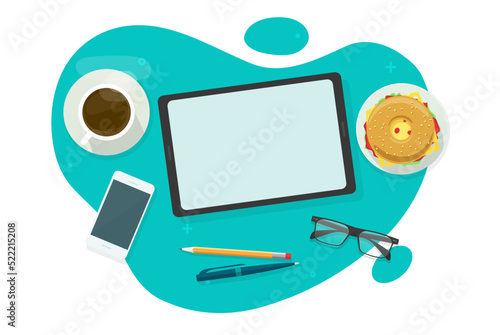 Desk table up above with tablet computer blank empty screen vector, office minimal flat lay workplace desktop top view graphic illustration, overhead tabletop digital display mockup on workplace image