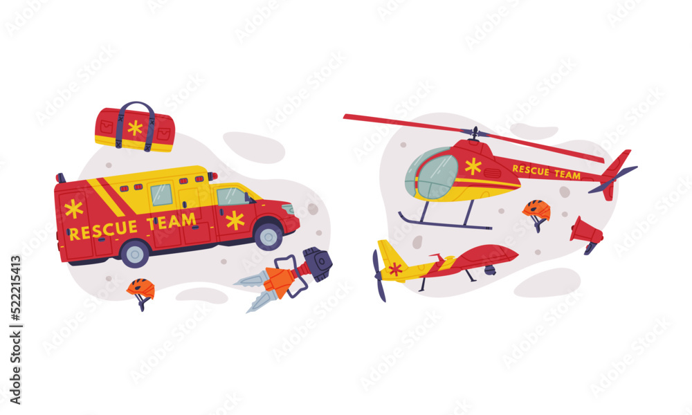 Rescue Team Equipment with Specialized Machine and Emergency Vehicle for Urgent Saving of Life Vector Set