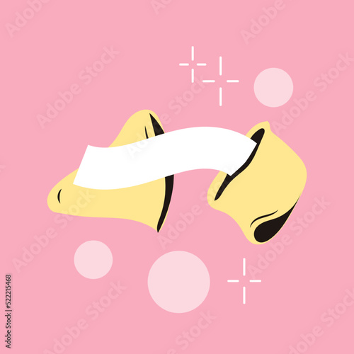 Open fortune cookies. A sheet of fun surprising predictions. Traditional Chinese flowerless wisdom cookies. Lottery with a surprise in a crunchy dessert. Isolated vector illustration retro style 60s